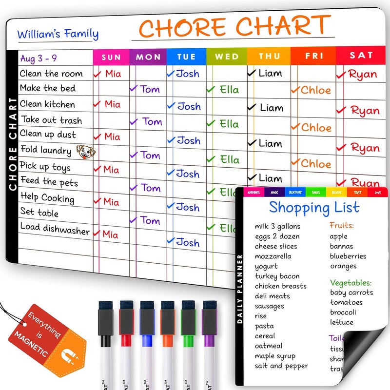 MODERNEAT Magnetic Chore Chart Dry Erase Whiteboard Set - Pocket Charts for Multiple Kids, Teens & Adults (15"x 11.5"), Daily to-Do, Grocery, Notes (9"x 7") -Behavior Chart for Fridge & 6 Fine Tip Markers - Image 1